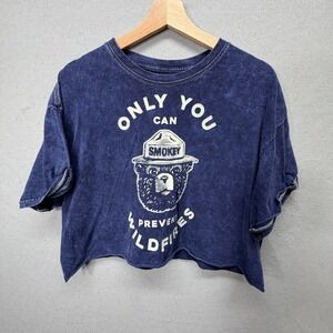Smokey Bear Graphic Crop Top T-Shirt XL Blue "Only You Can Prevent Wildfires"